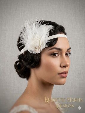 Artisan Hand-Sewn Ivory Ostrich Feather, Lace W/ REAL PEARLS & Crystal cluster
